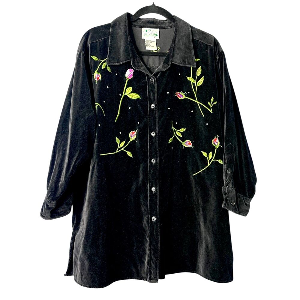 Vtg Quacker Factory Womens Black Velour Floral Top 1X Rose Whimsical Rhinestone